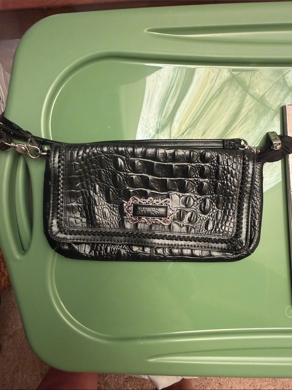 Black Croc-Embossed Leather Wristlet Clutch